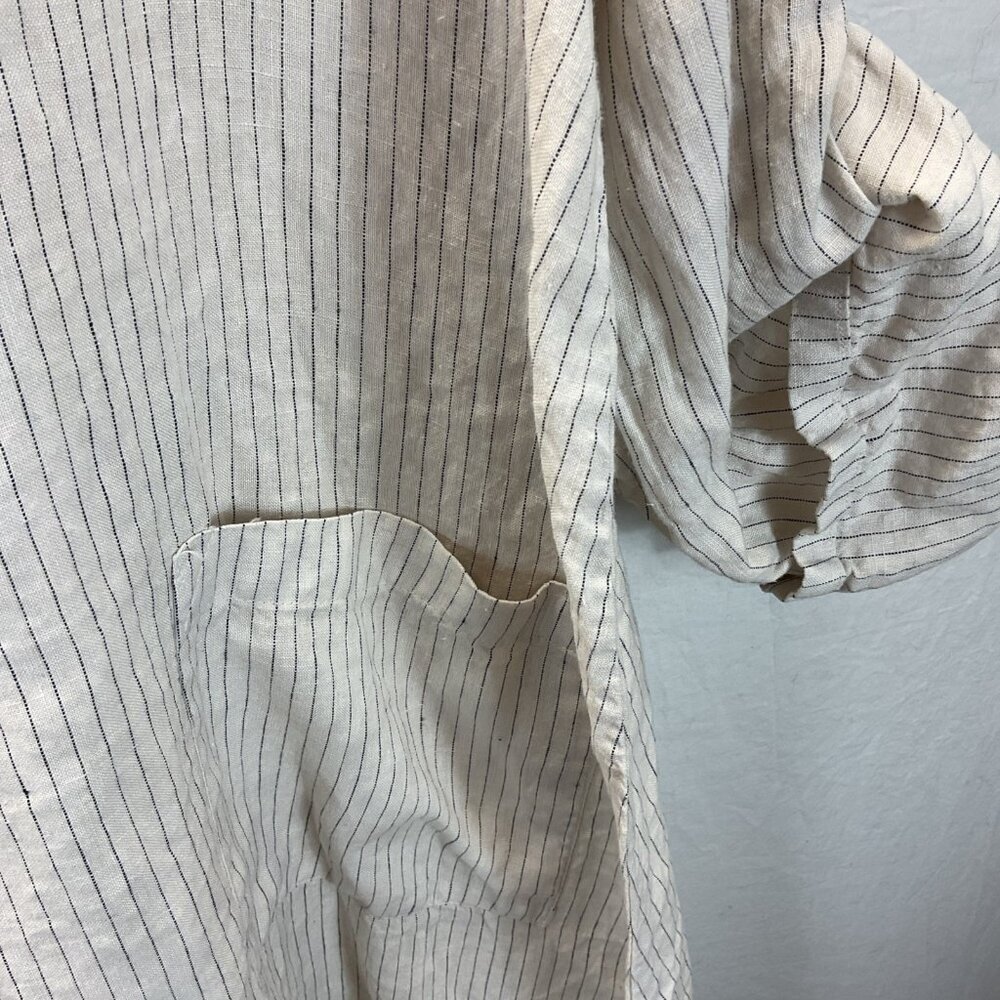 Le Paris Petit Linen pocket oversized tunic dress ivory striped‎ 3/4 sleeve MED - Picture 7 of 13